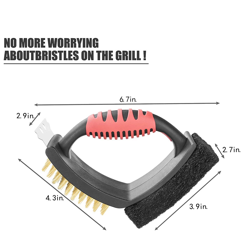 3-in-1 Grill Brush with Brass Bristles & Scraper