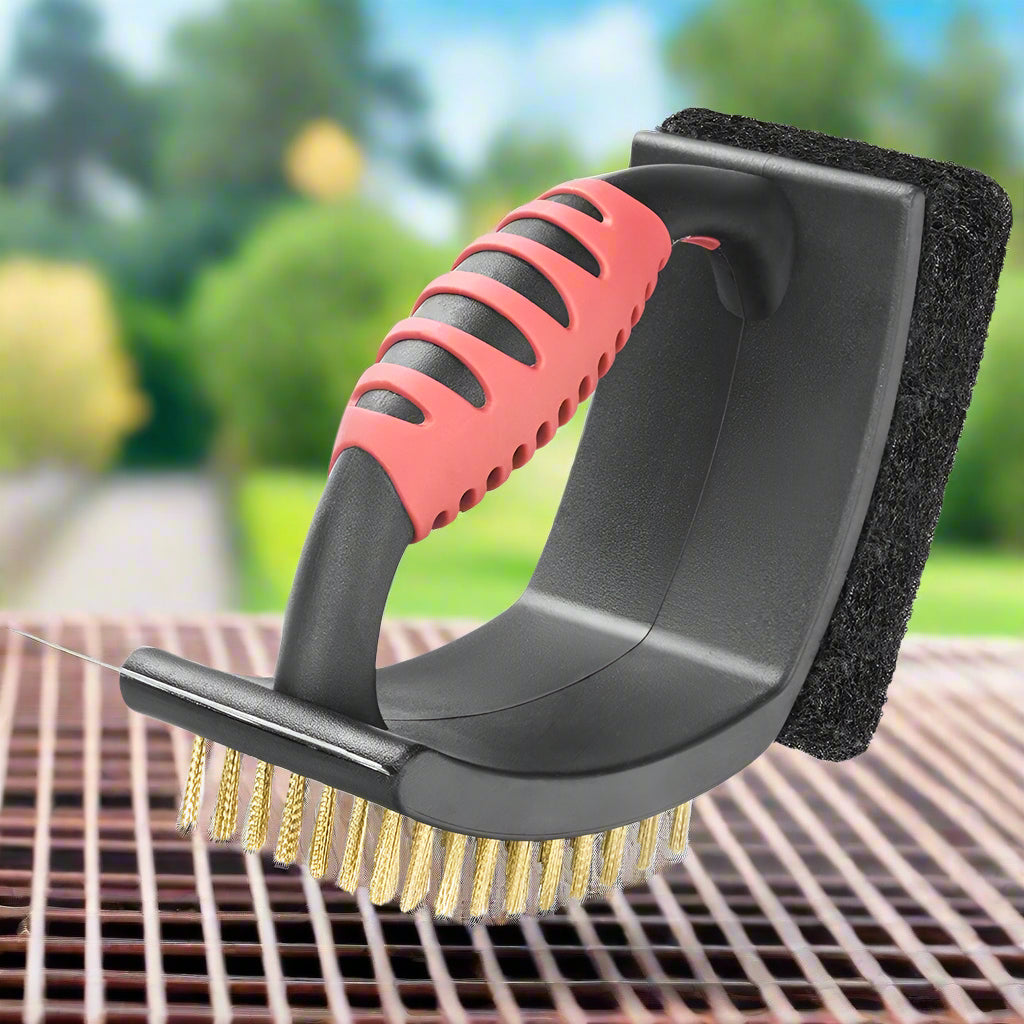 3-in-1 Grill Brush with Brass Bristles & Scraper