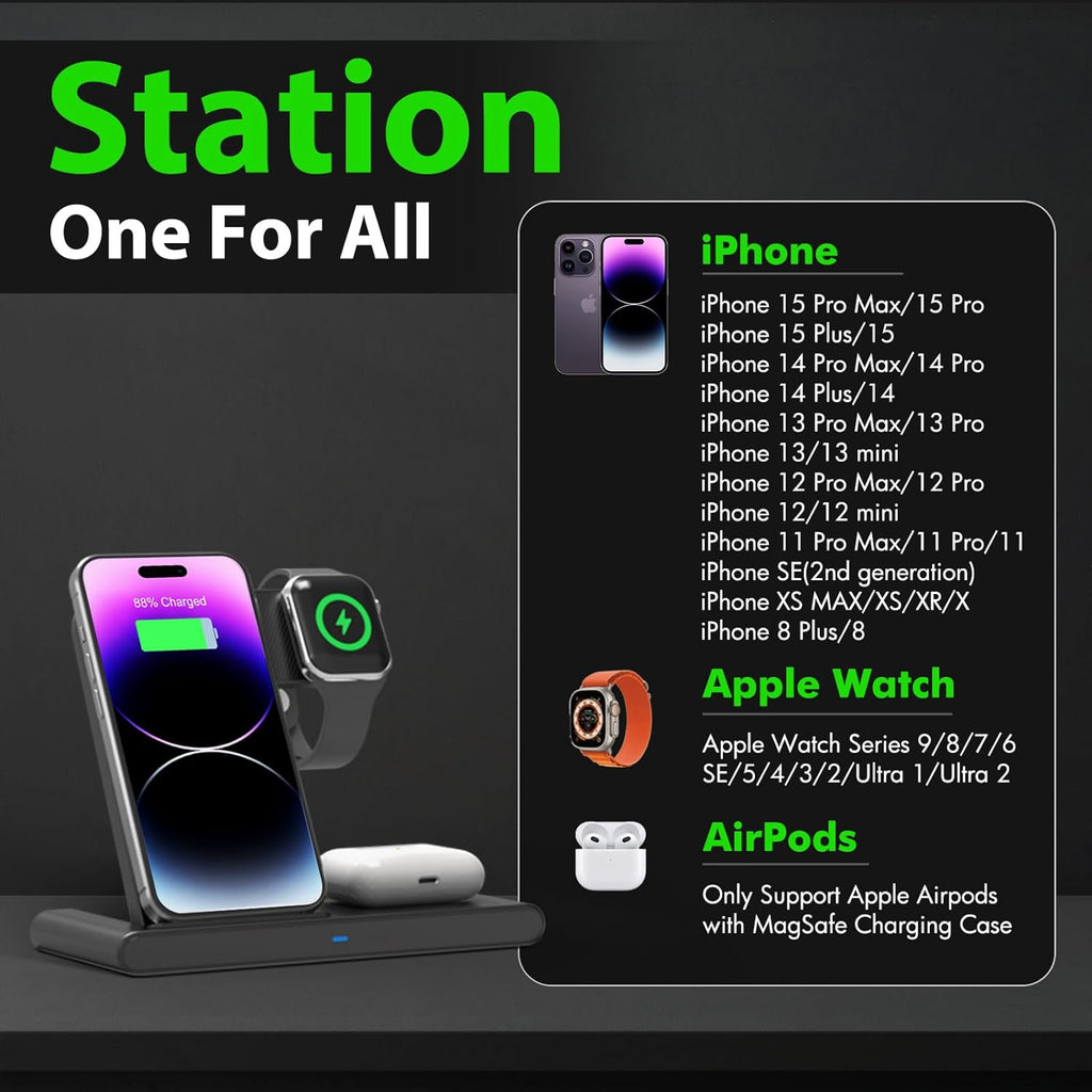 3-in-1 Wireless Charging Stand for Phone, Watch & Earbuds