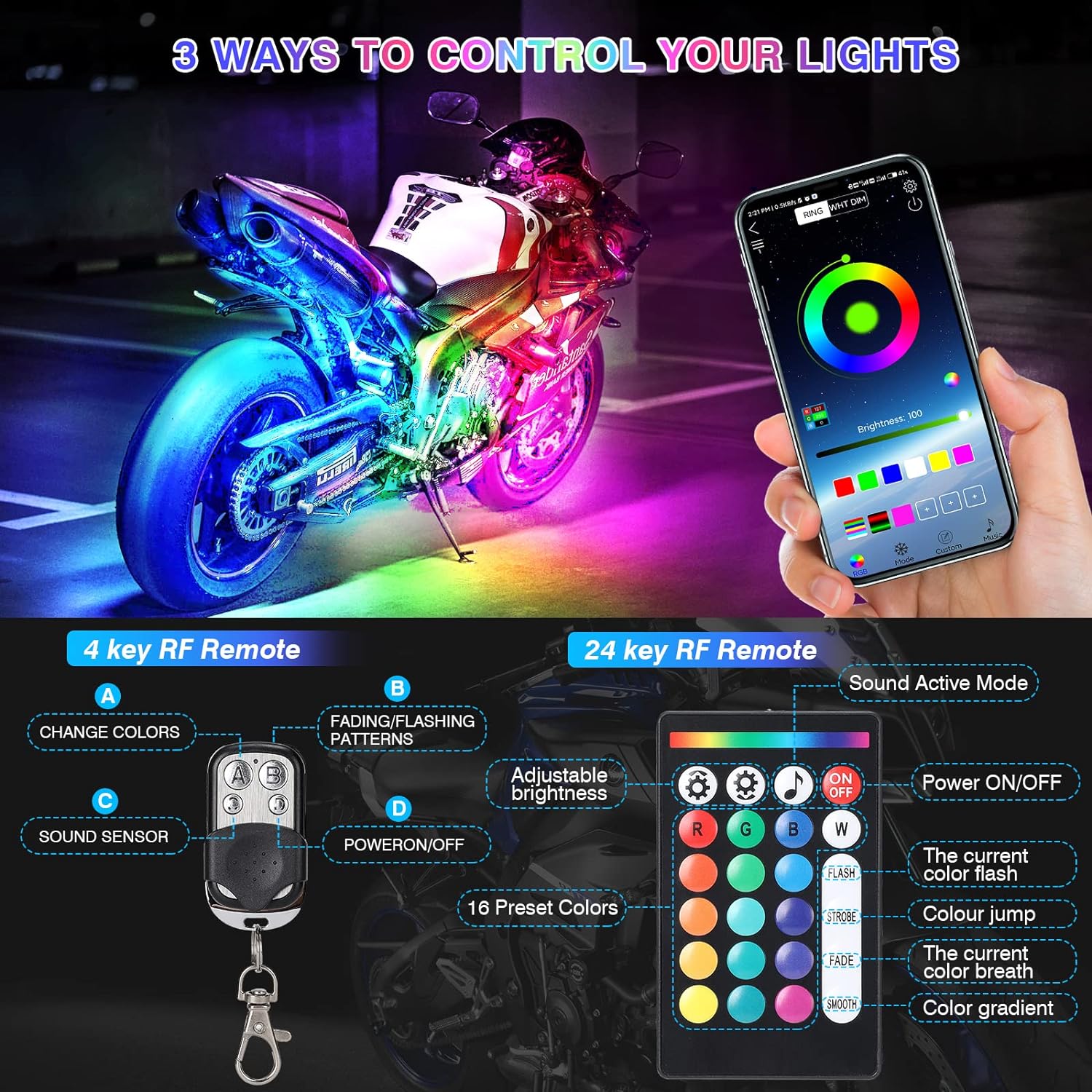 12-Piece Motorcycle LED Light Kit with Turn Signals