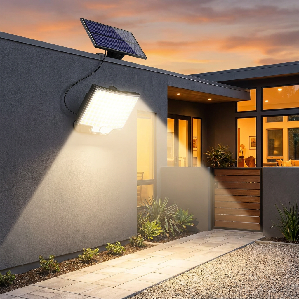 Solar LED outdoor light mounted on a home exterior at dusk (batch1 lifestyle)
