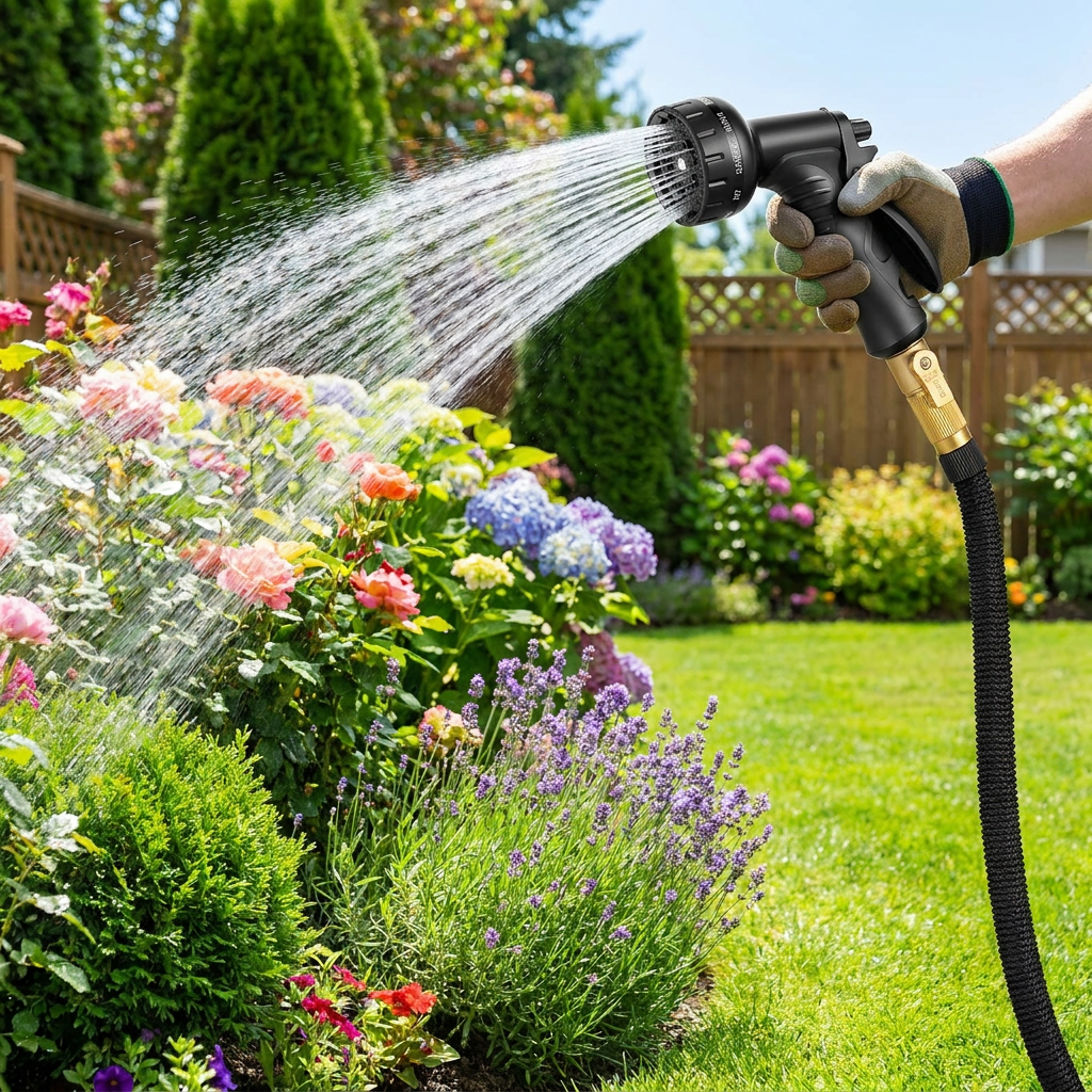 Expandable garden hose watering a lush garden (batch1 lifestyle)