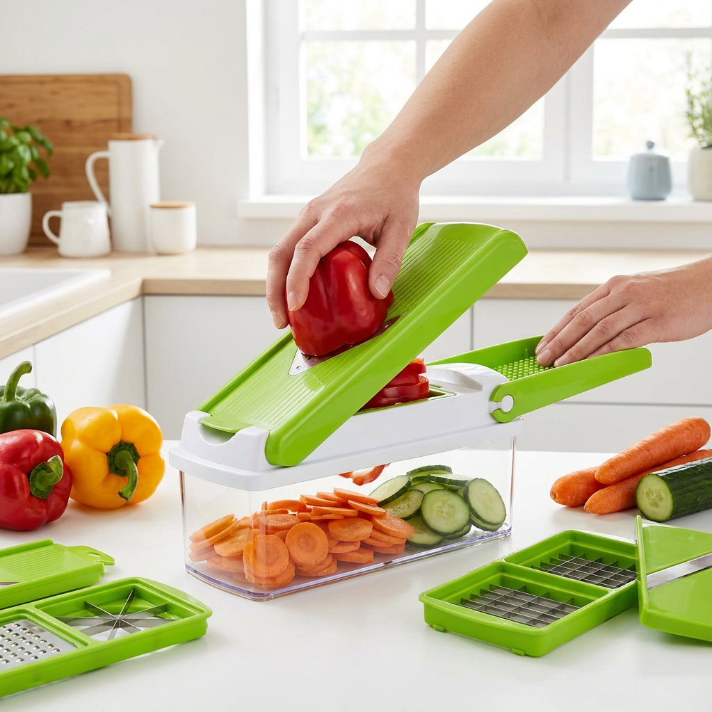 Multifunctional vegetable cutter in use in a modern kitchen (batch1 lifestyle)