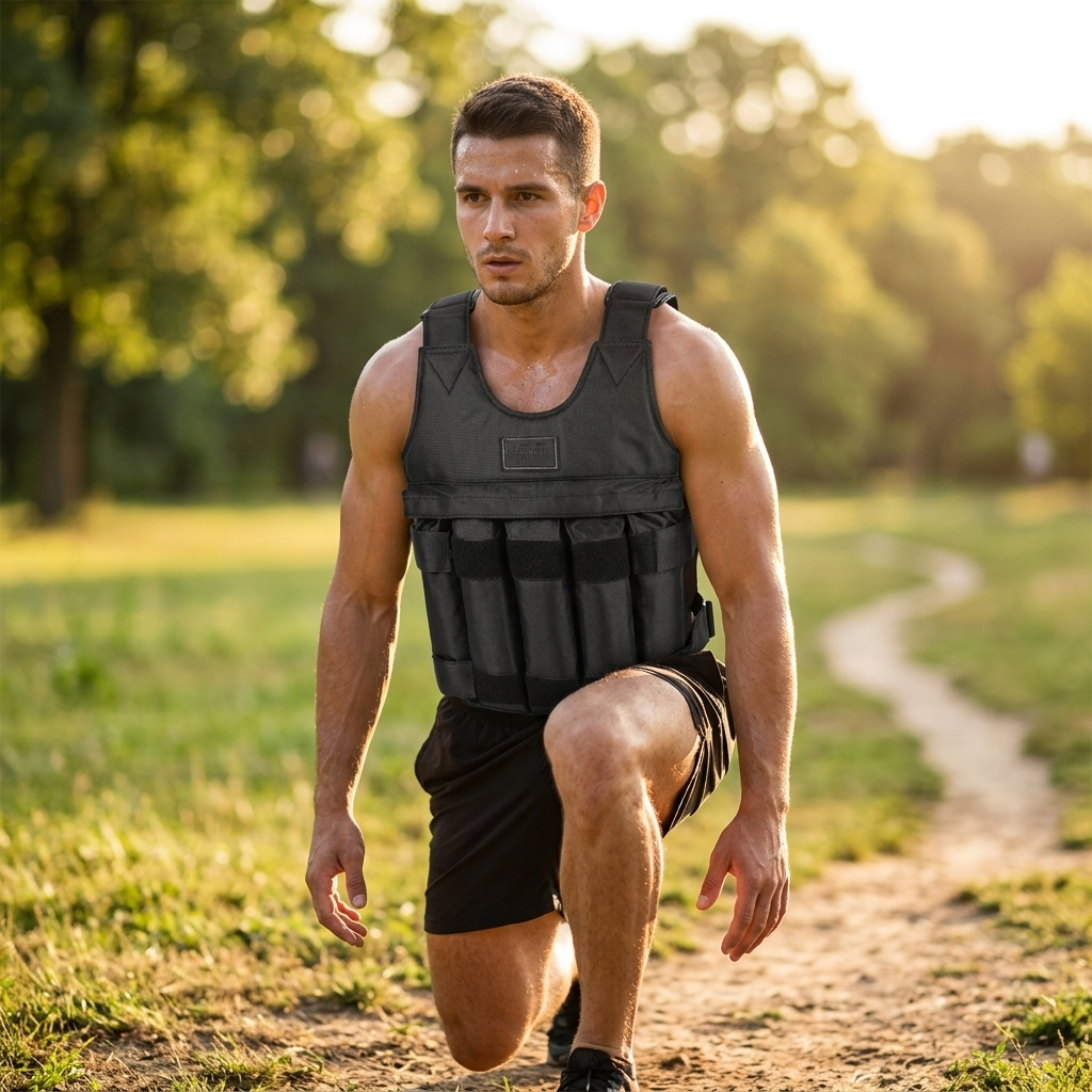 Adjustable weighted vest worn during an outdoor workout (batch1 lifestyle)